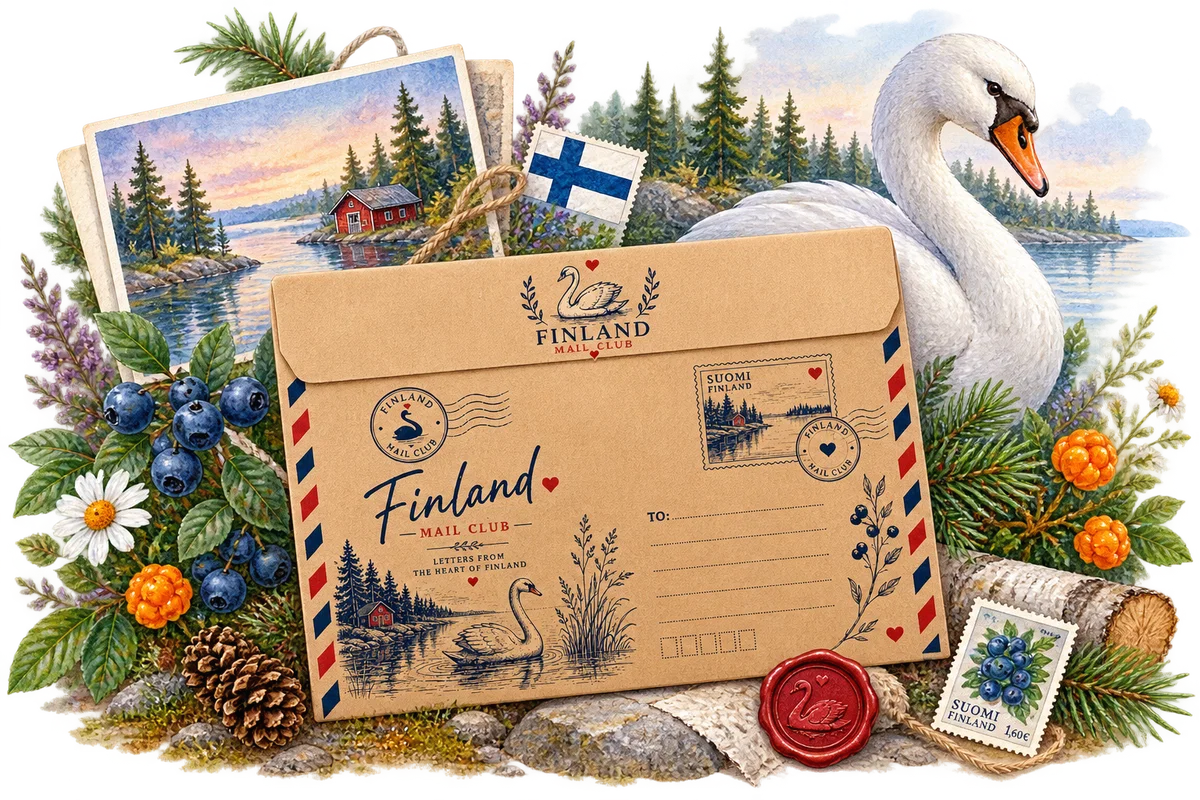 Finland Mail Club envelope with a swan, berries and Finnish lake scenery