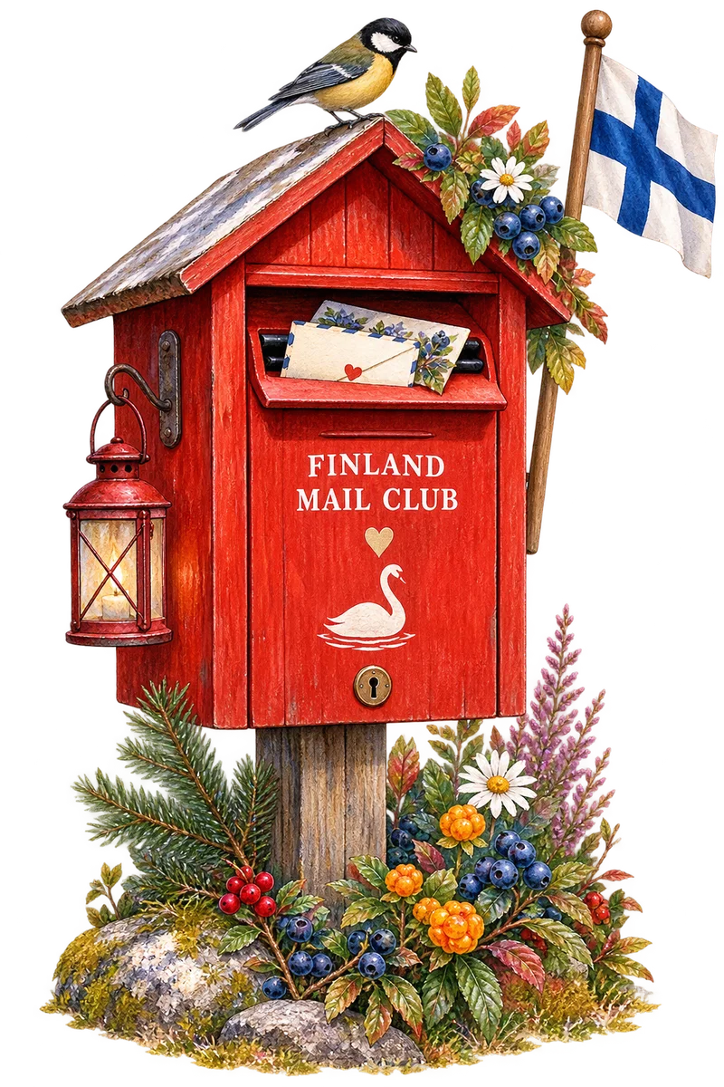 Finnish red mailbox with a Finland Mail Club letter