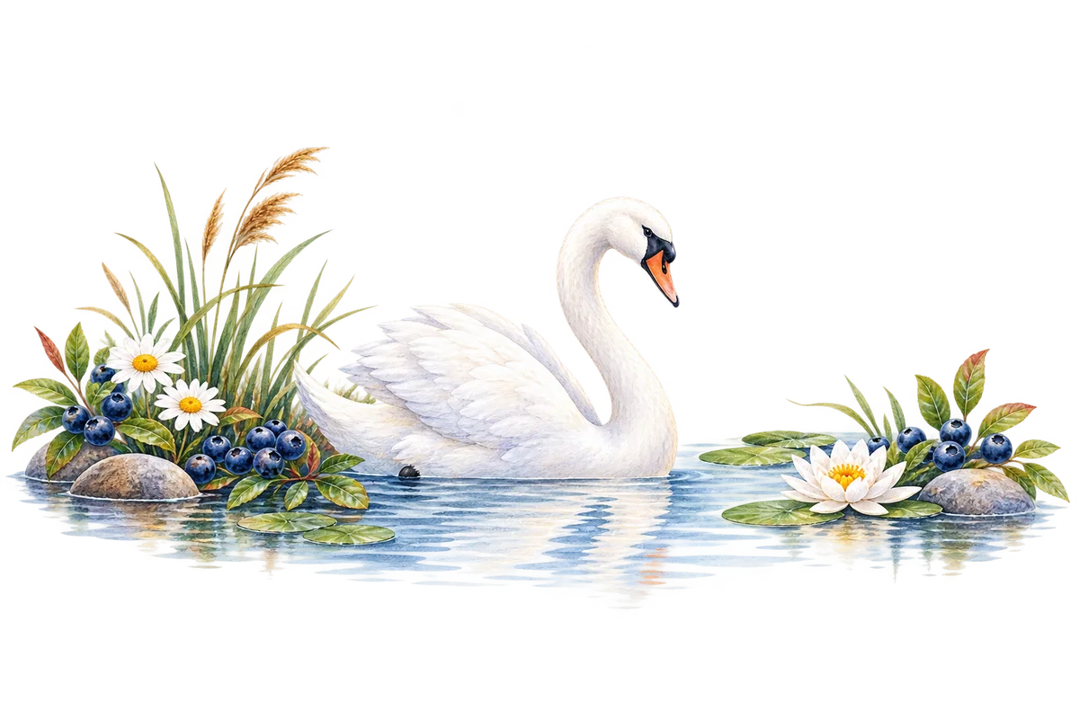 White swan among Finnish lakeside botanicals